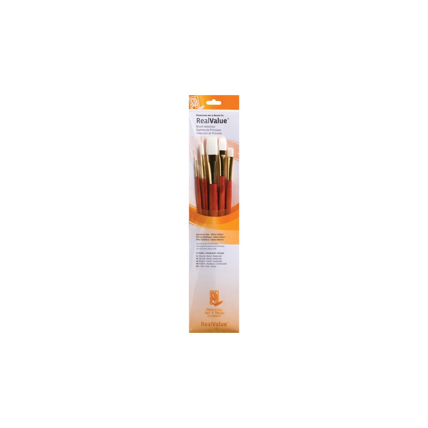 Princeton RealValue Brush Set, White Taklon Bristles, Long Handle Mixed Media Paintbrush, Orange, 5 Pieces
