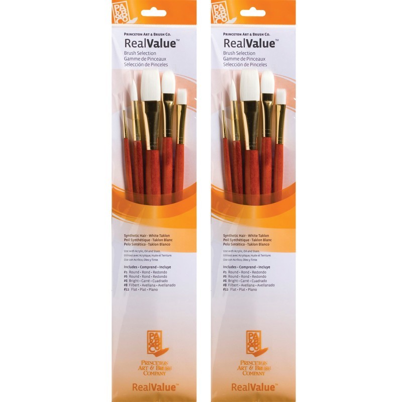 Princeton RealValue Brush Set, White Taklon Bristles, Long Handle Mixed Media Paintbrush, Orange, 5 Per Set, 2 Sets