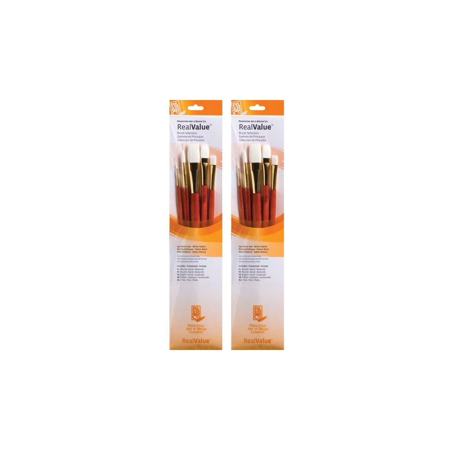 Princeton RealValue Brush Set, White Taklon Bristles, Long Handle Mixed Media Paintbrush, Orange, 5 Per Set, 2 Sets