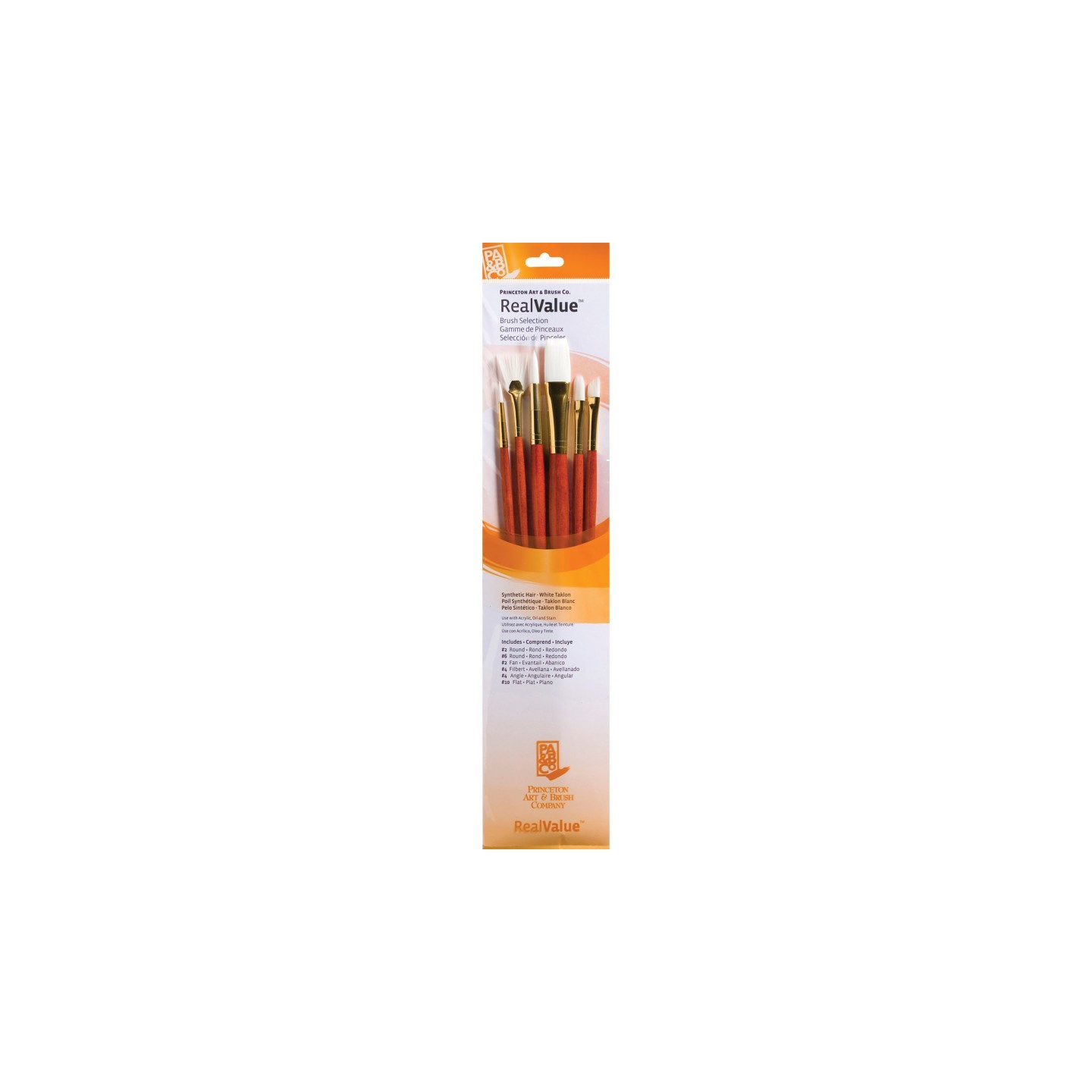 Princeton RealValue Brush Set, White Taklon Bristles, Long Handle Mixed Media Paintbrush, Orange, 6 Pieces