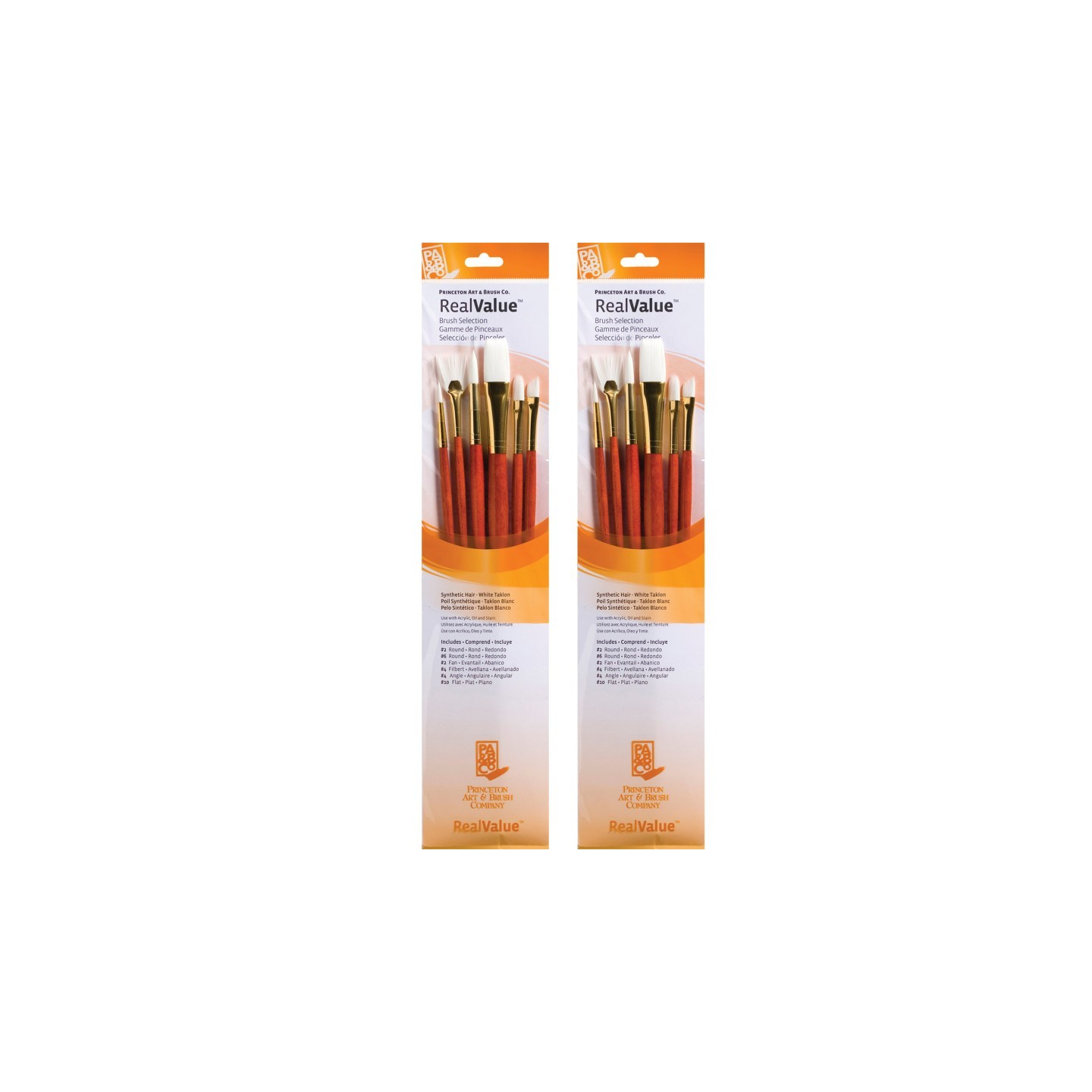 Princeton RealValue Brush Set, White Taklon Bristles, Long Handle Mixed Media Paintbrush, Orange, 6 Per Set, 2 Sets