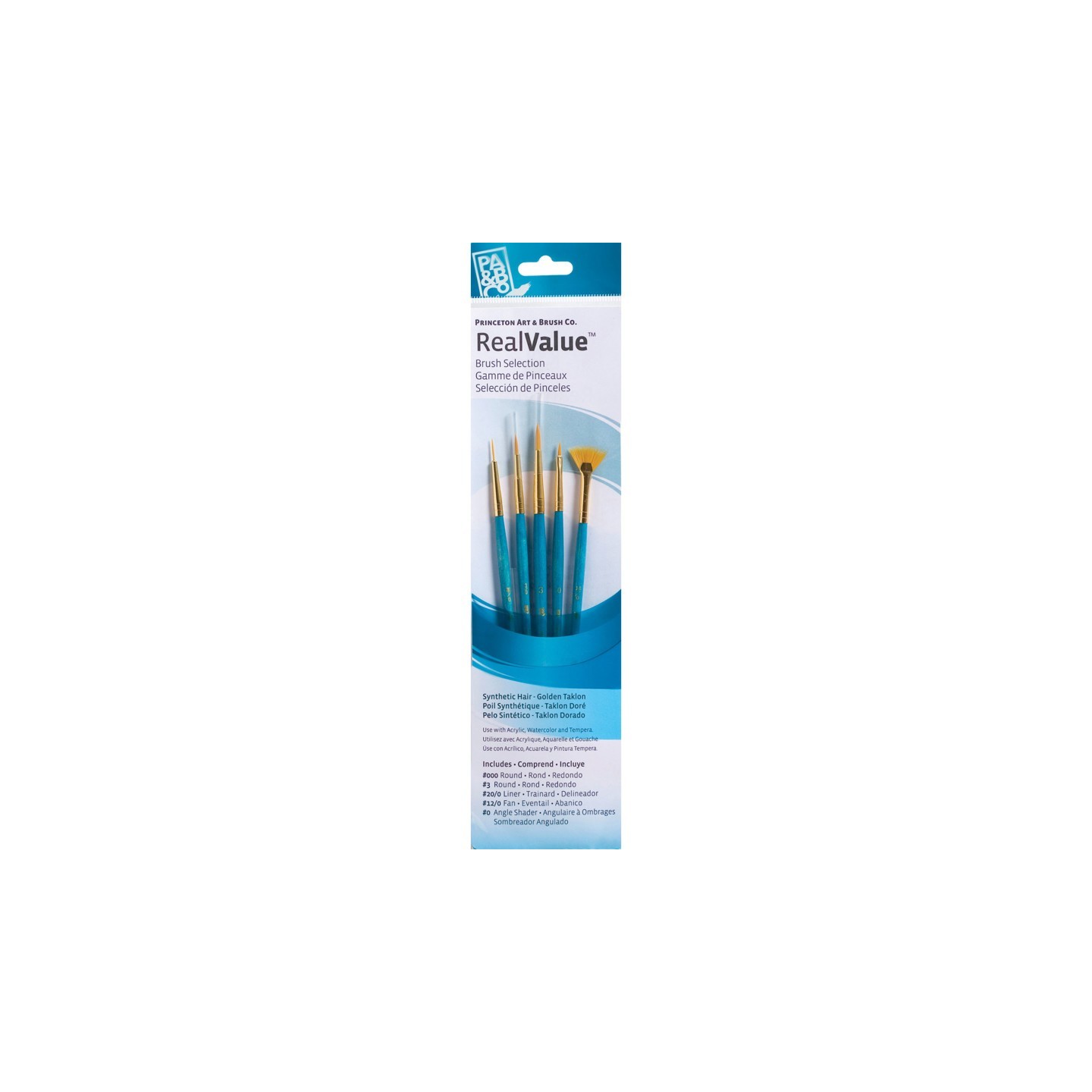 Princeton RealValue Brush Set, Gold Taklon Bristles, Short Handle Mixed Media Paintbrush, Blue, 4 Pieces