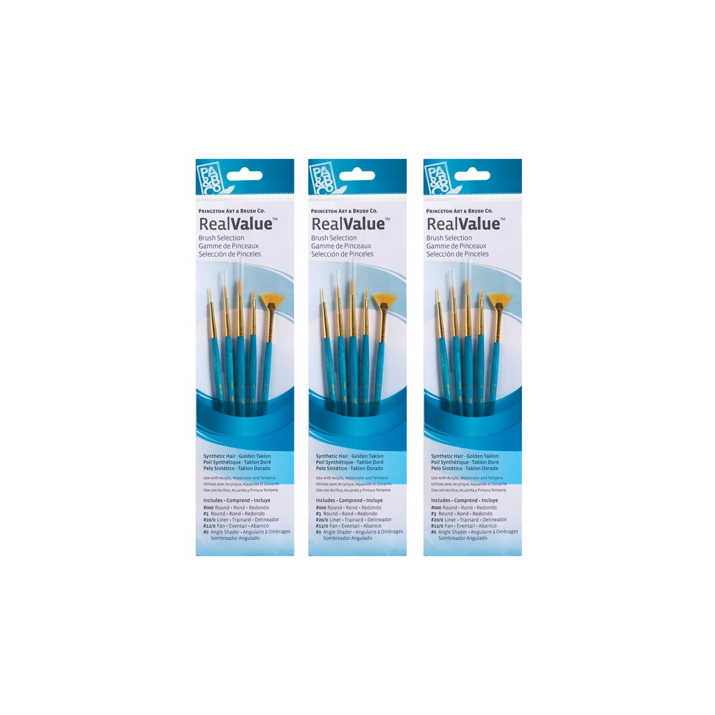 Princeton RealValue Brush Set, Gold Taklon Bristles, Short Handle Mixed Media Paintbrush, Blue, 4 Per Set, 3 Sets