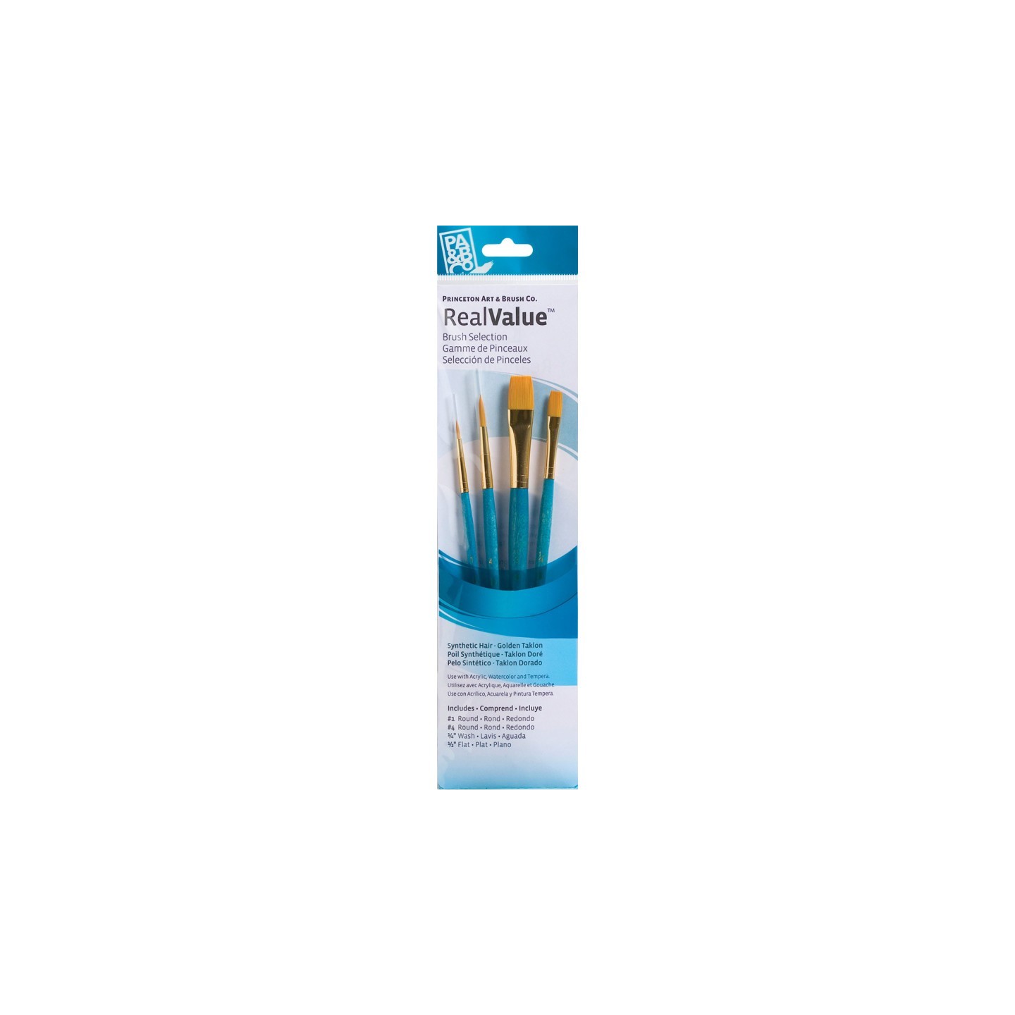 Princeton RealValue Brush Set, Gold Taklon Bristles, Short Handle Mixed Media Paintbrush, Blue, 4 Pieces