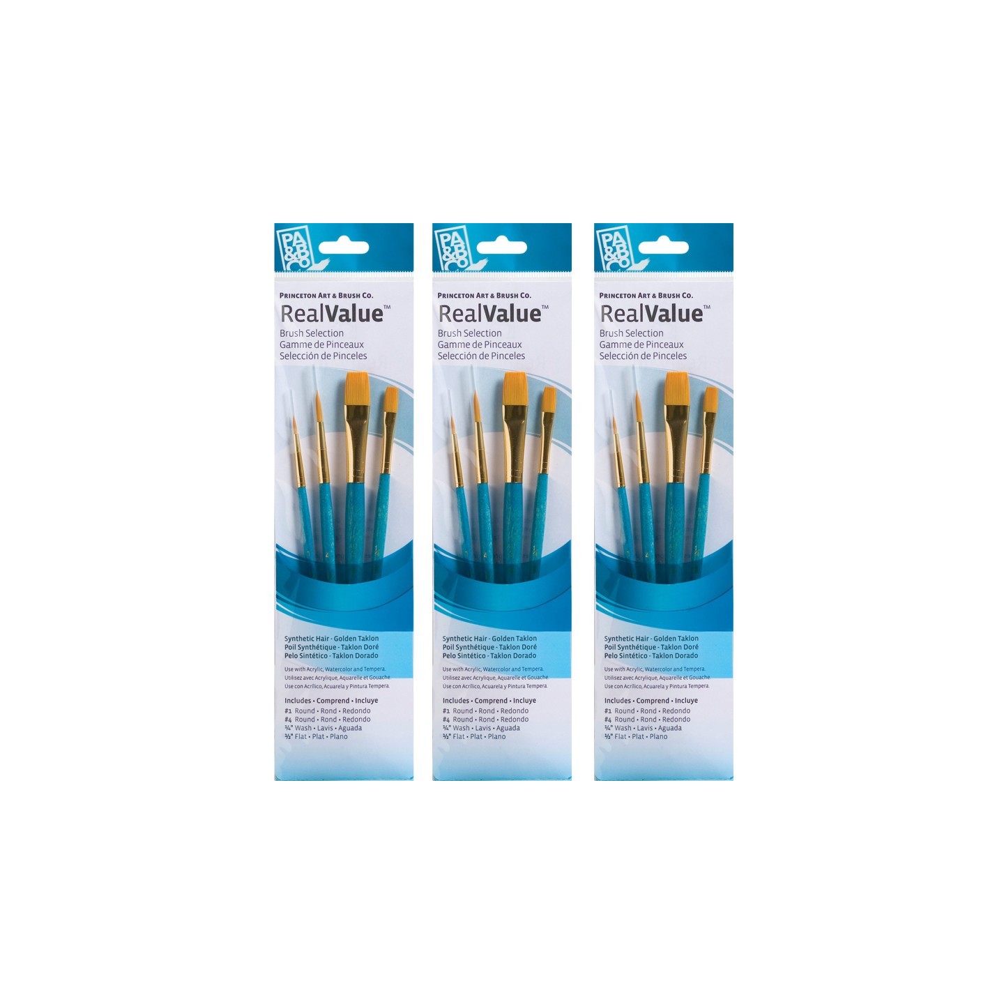 Princeton RealValue Brush Set, Gold Taklon Bristles, Short Handle Mixed Media Paintbrush, Blue, 4 Per Set, 3 Sets