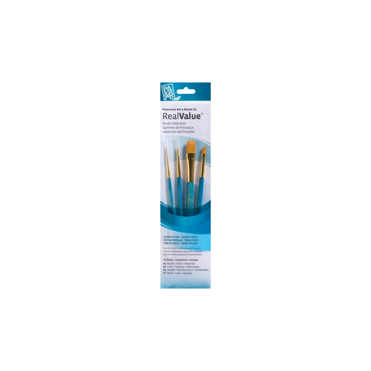 Princeton RealValue Brush Set, Gold Taklon Bristles, Short Handle Mixed Media Paintbrush, Blue, 4 Pieces