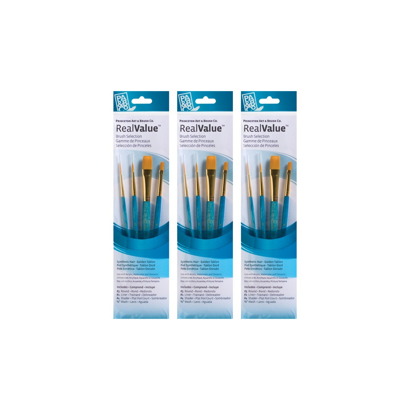 Princeton RealValue Brush Set, Gold Taklon Bristles, Short Handle Mixed Media Paintbrush, Blue, 4 Per Set, 3 Sets