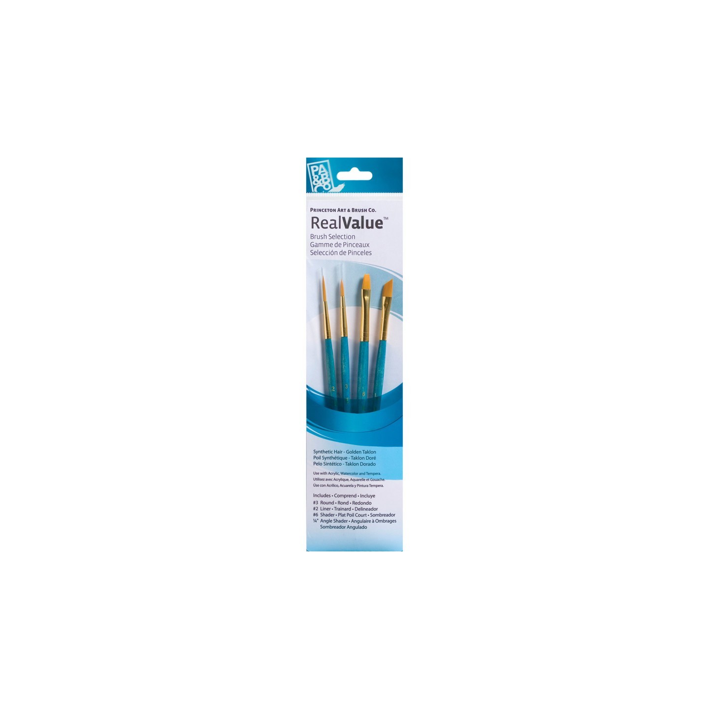 Princeton RealValue Brush Set, Gold Taklon Bristles, Short Handle Mixed Media Paintbrush, Blue, 4 Pieces