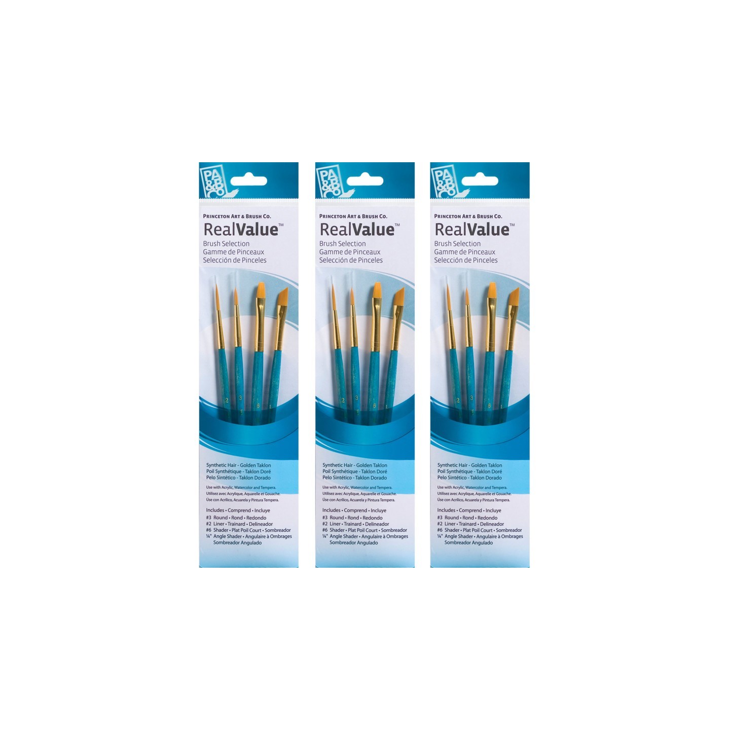 Princeton RealValue Brush Set, Gold Taklon Bristles, Short Handle Mixed Media Paintbrush, Blue, 4 Per Set, 3 Sets