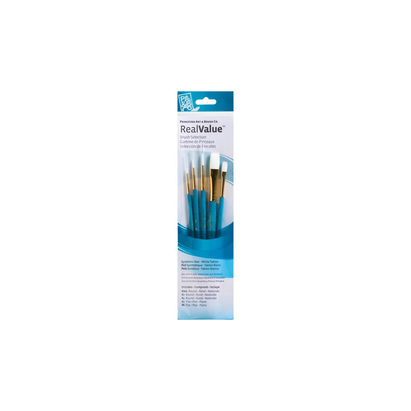 Princeton RealValue Brush Set, White Taklon Bristles, Short Handle Mixed Media Paintbrush, Blue, 5 Pieces