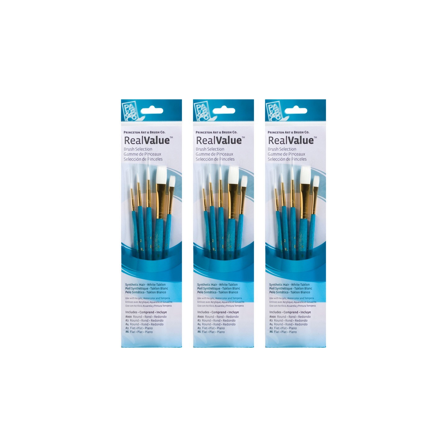 Princeton RealValue Brush Set, White Taklon Bristles, Short Handle Mixed Media Paintbrush, Blue, 5 Per Set, 3 Sets