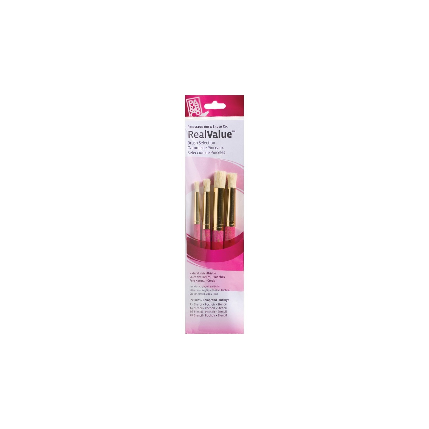 Princeton RealValue Stencil Brush Set, Natural Bristles, Short Handle Mixed Media Paintbrush, Pink, 4 Pieces