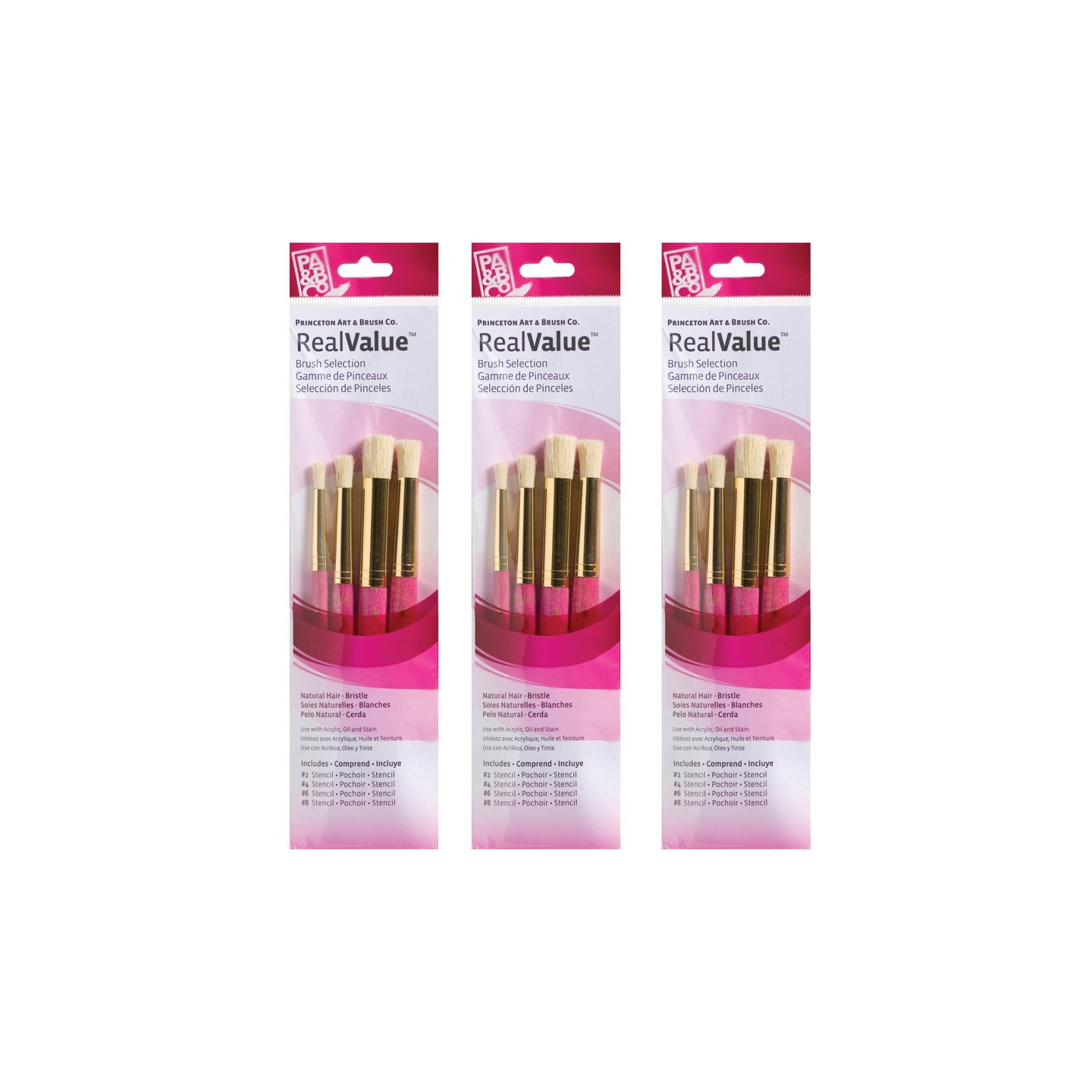Princeton RealValue Stencil Brush Set, Natural Bristles, Short Handle Mixed Media Paintbrush, Pink, 4 Per Set, 3 Sets