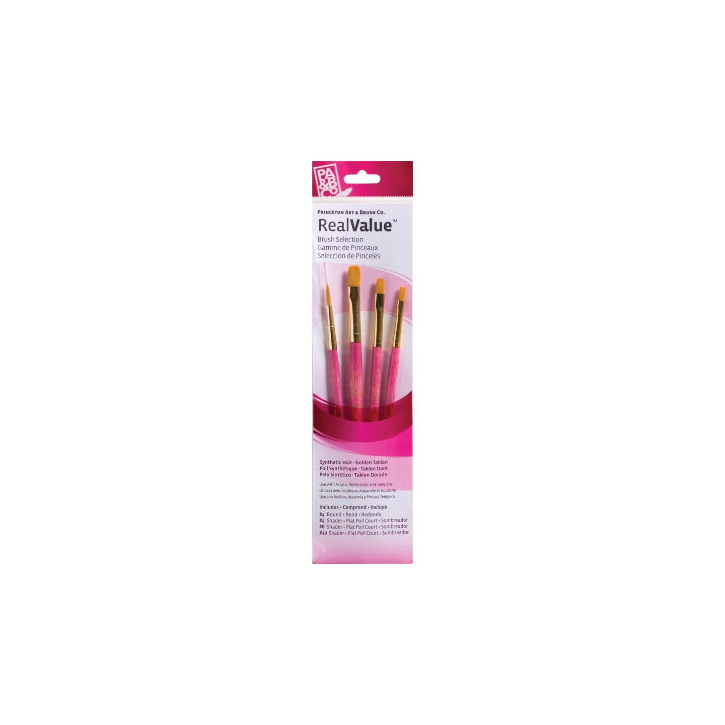 Princeton RealValue Brush Set, Gold Taklon Bristles, Short Handle Mixed Media Paintbrush, Pink, 4 Pieces