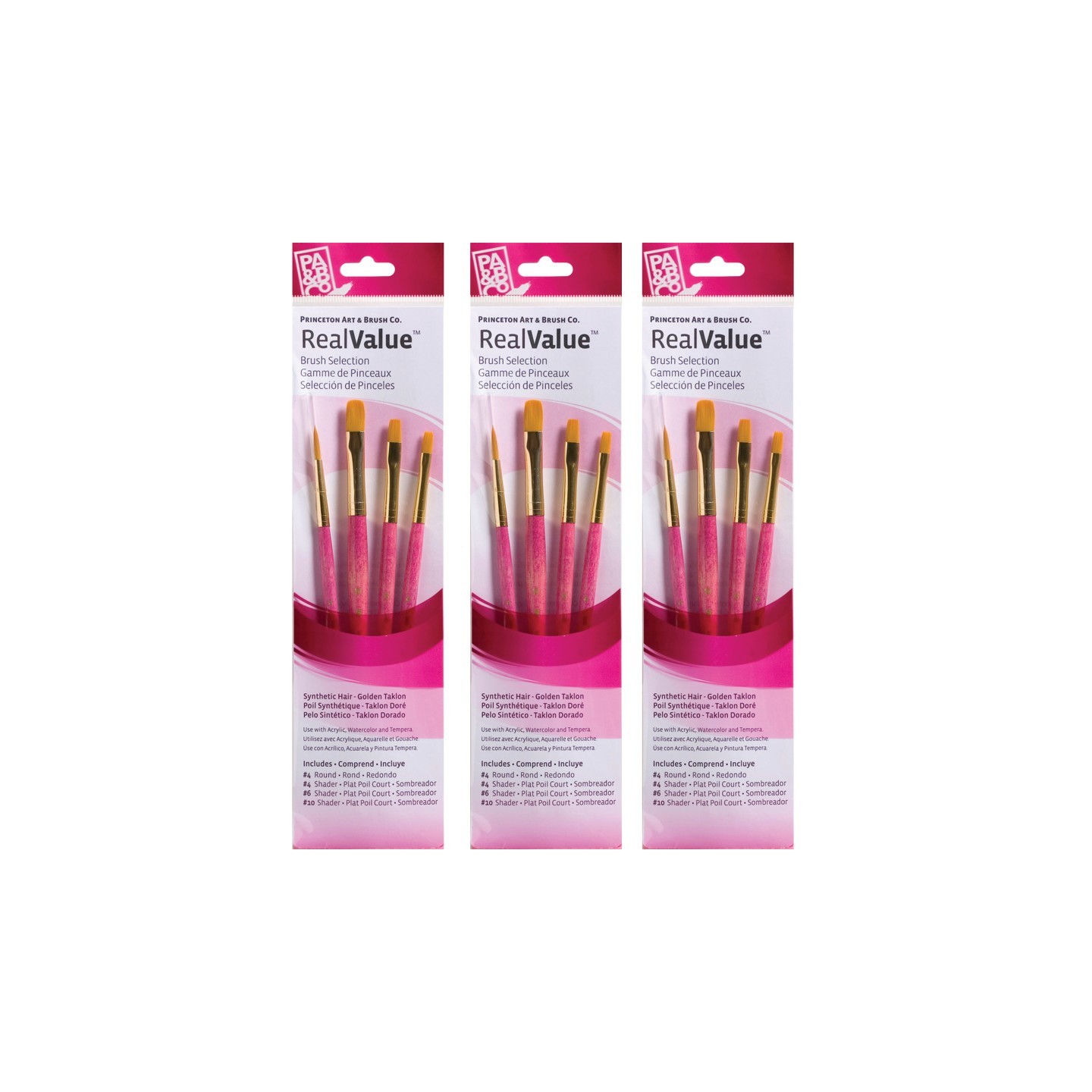 Princeton RealValue Brush Set, Gold Taklon Bristles, Short Handle Mixed Media Paintbrush, Pink, 4 Per Set, 3 Sets