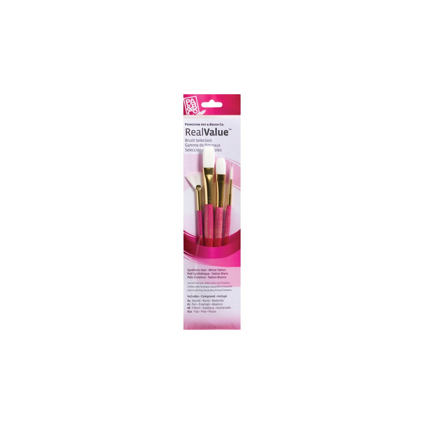 Princeton RealValue Brush Set, White Taklon Bristles, Short Handle Mixed Media Paintbrush, Pink, 4 Pieces