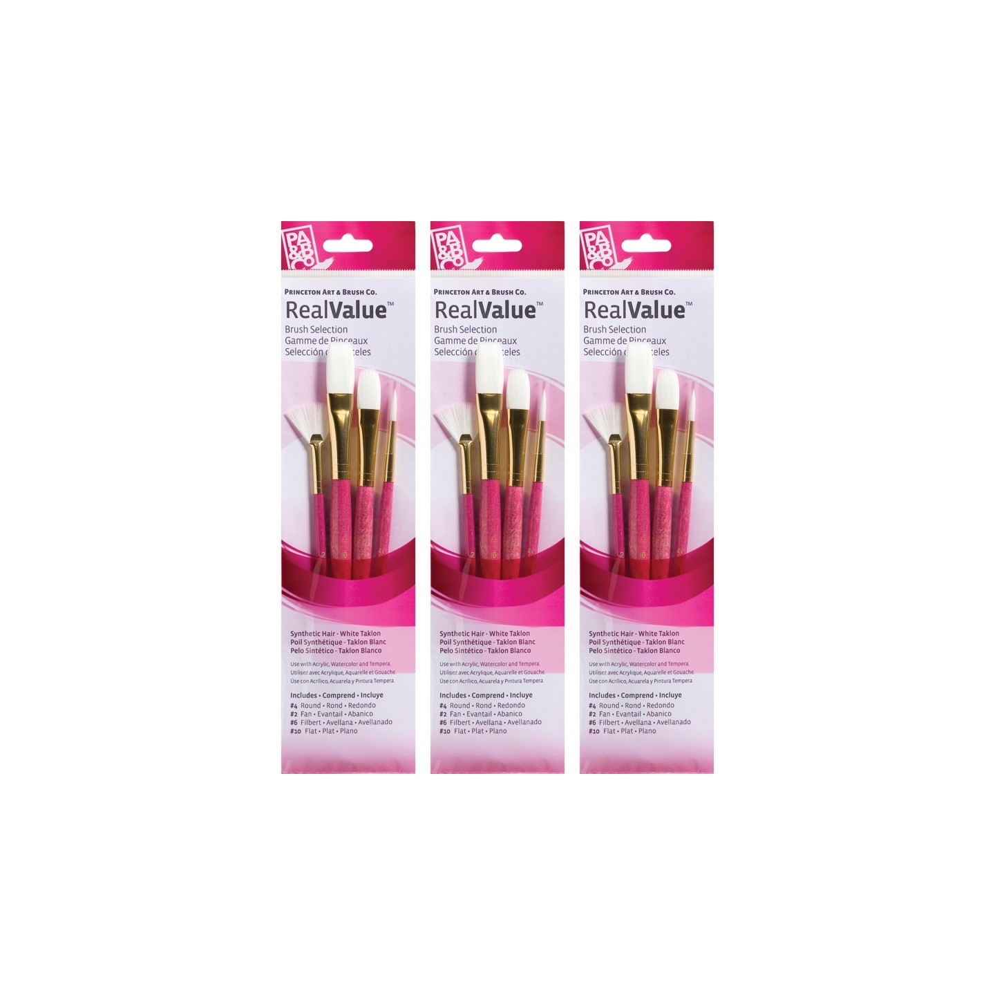 Princeton RealValue Brush Set, White Taklon Bristles, Short Handle Mixed Media Paintbrush, Pink, 4 Per Set, 3 Sets
