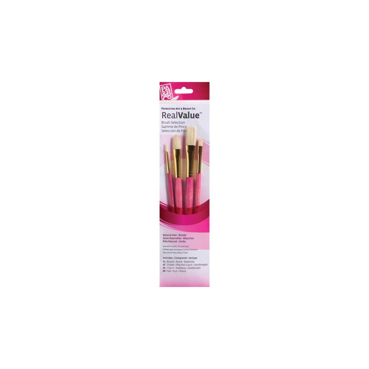 Princeton RealValue Brush Set, Natural Bristles, Short Handle Mixed Media Paintbrush, Pink, 4 Pieces