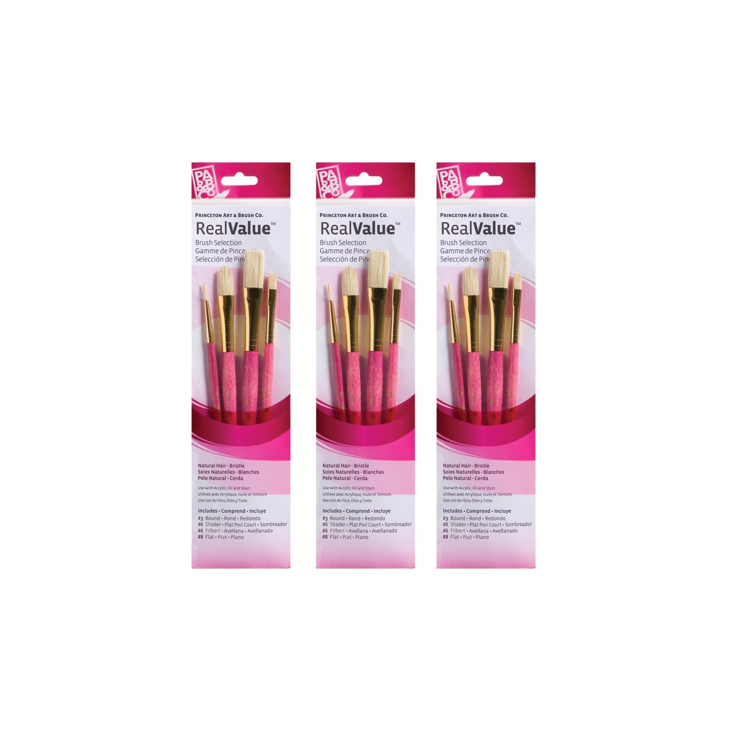 Princeton RealValue Brush Set, Natural Bristles, Short Handle Mixed Media Paintbrush, Pink, 4 Per Set, 3 Sets