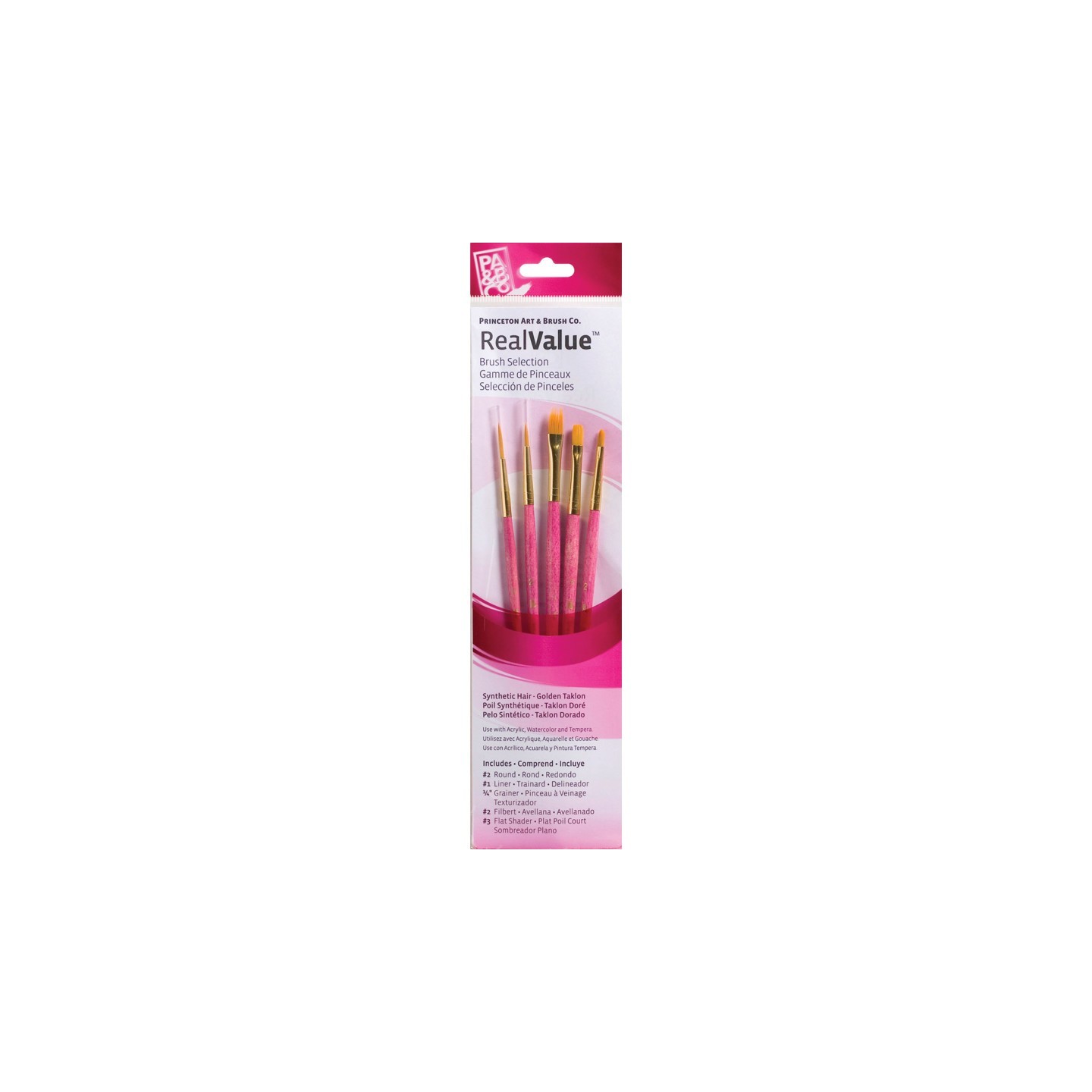Princeton RealValue Brush Set, Gold Taklon Bristles, Short Handle Mixed Media Paintbrush, Pink, 5 Pieces