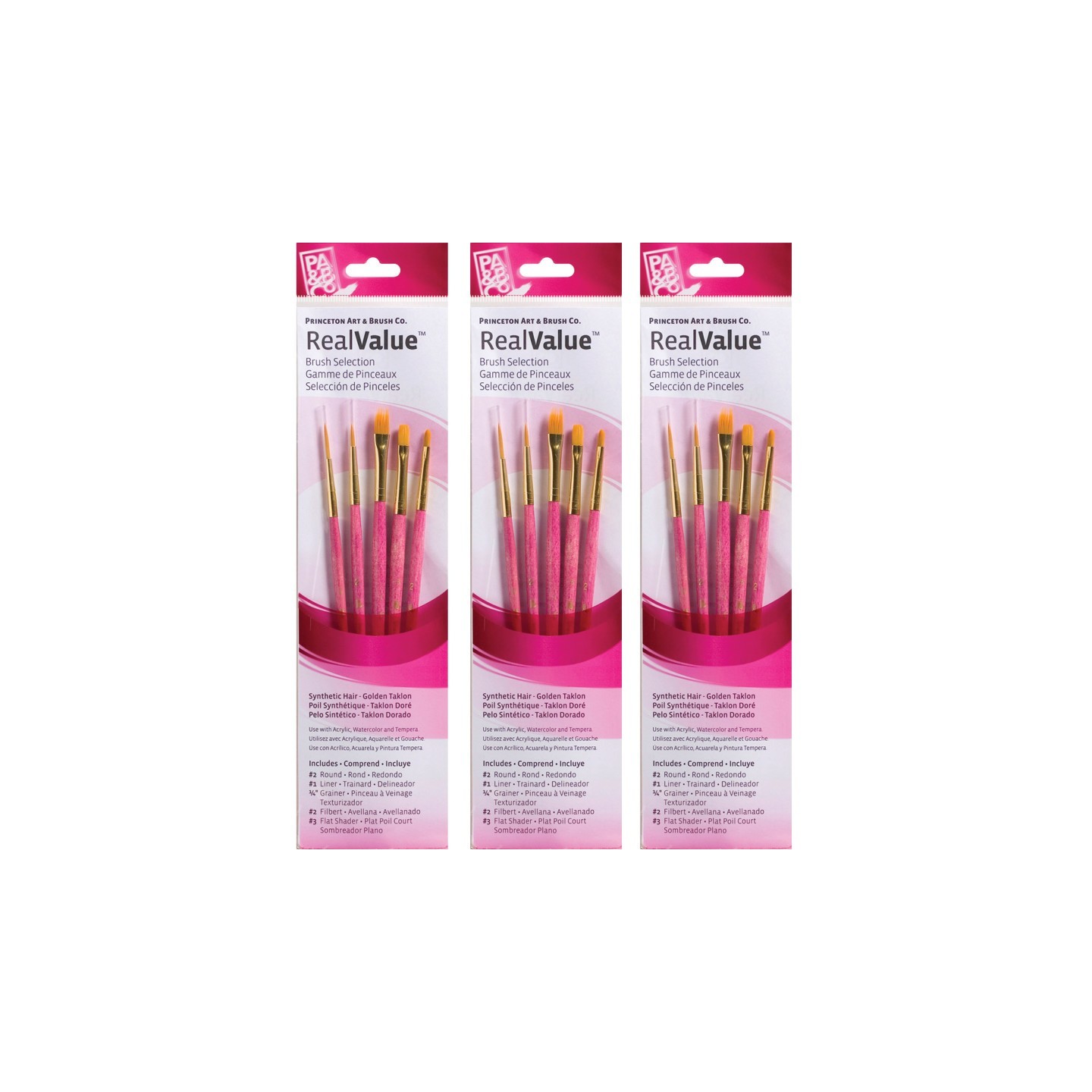 Princeton RealValue Brush Set, Gold Taklon Bristles, Short Handle Mixed Media Paintbrush, Pink, 5 Per Set, 3 Sets