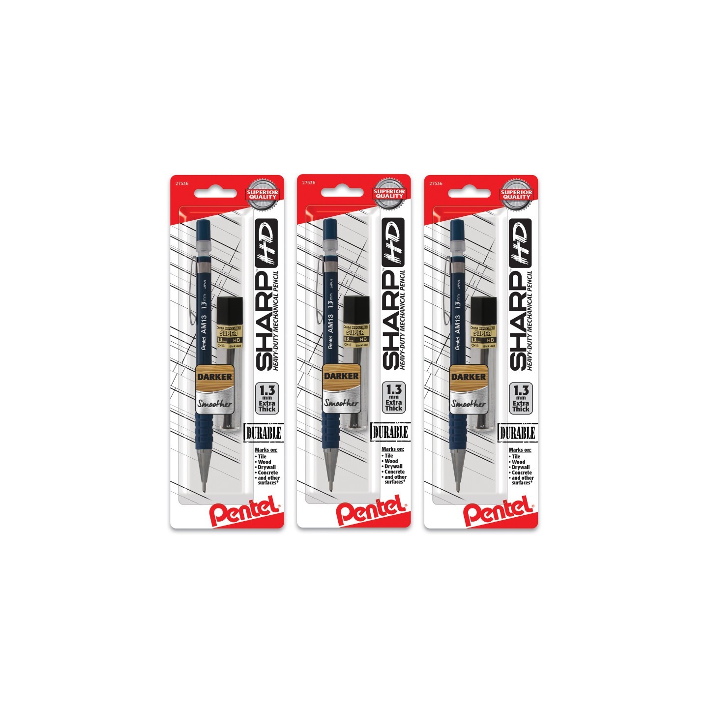 Pentel® Sharp HD Mechanical Pencil (1.3mm), Dark Blue Barrel, (1) Super Hi-Polymer Lead Refill, Pack of 3