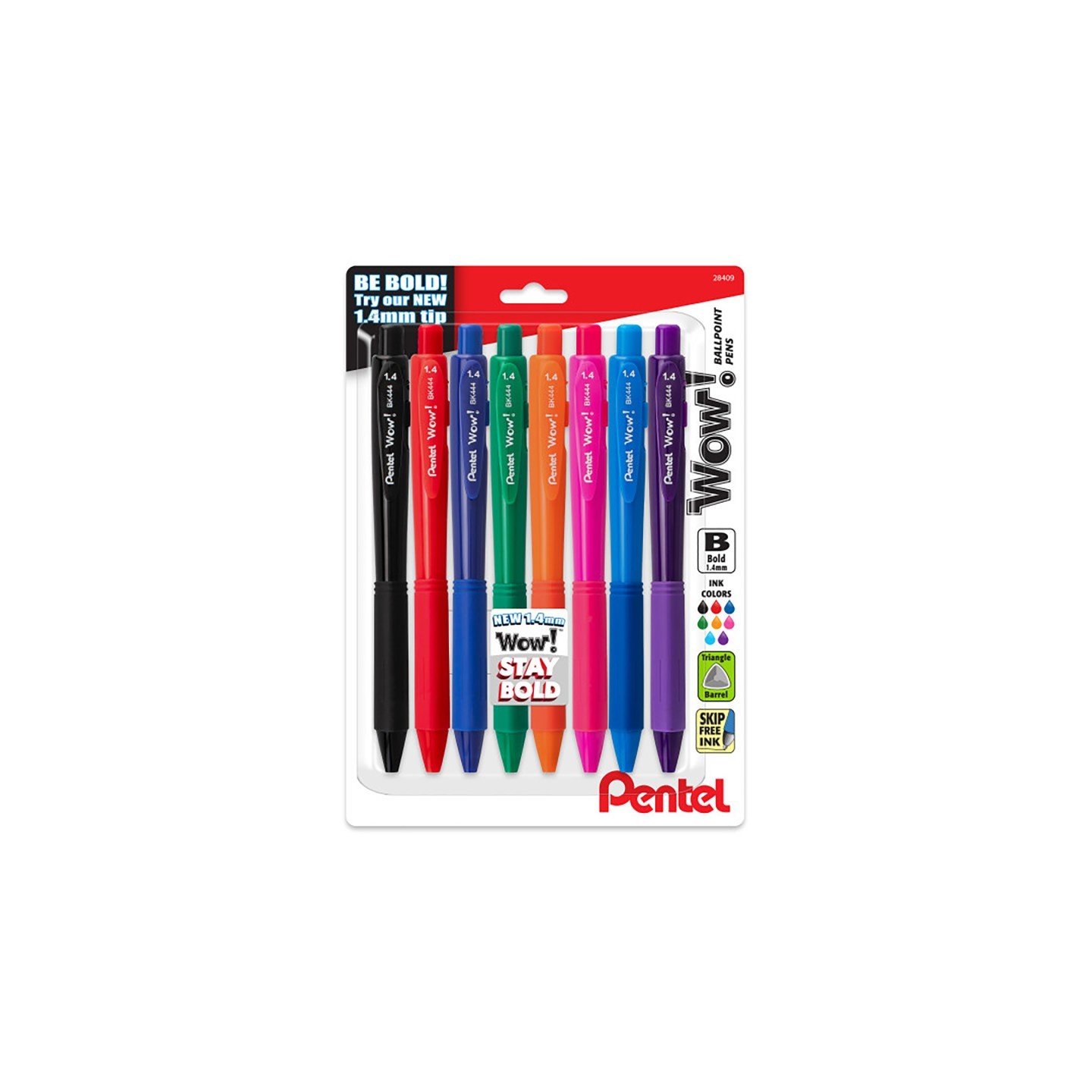 Pentel® Wow! Retractable Ballpoint Pen, (1.4mm) Bold Line, Assorted Ink, 8-Pack