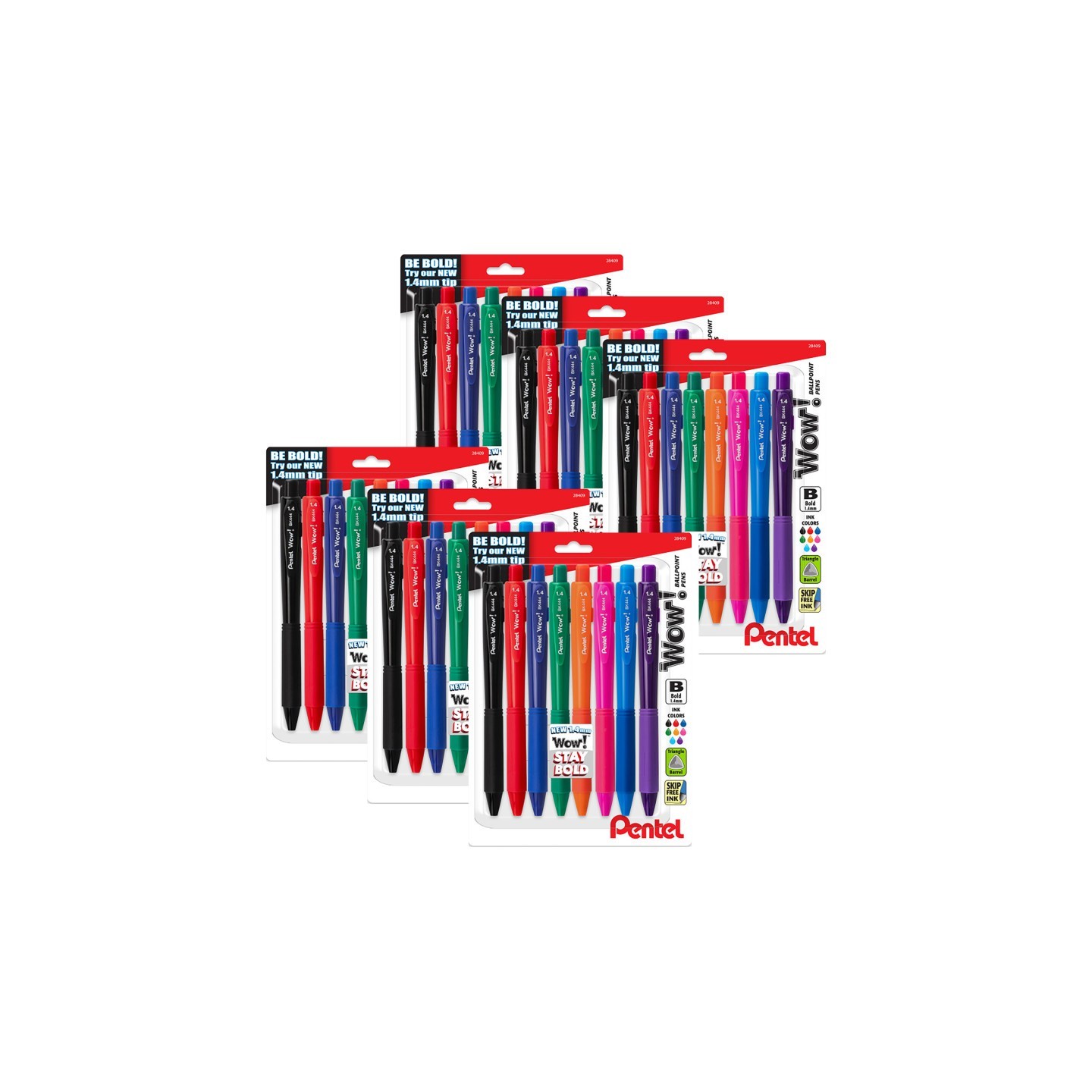 Pentel® Wow! Retractable Ballpoint Pen, (1.4mm) Bold Line, Assorted Ink, 8 Per Pack, 6 Packs