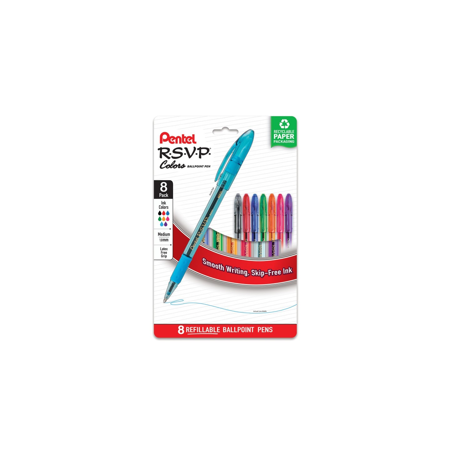 Pentel® R.S.V.P. Colors Ballpoint Pen, (1.0mm), Assorted Ink, 8-Pack