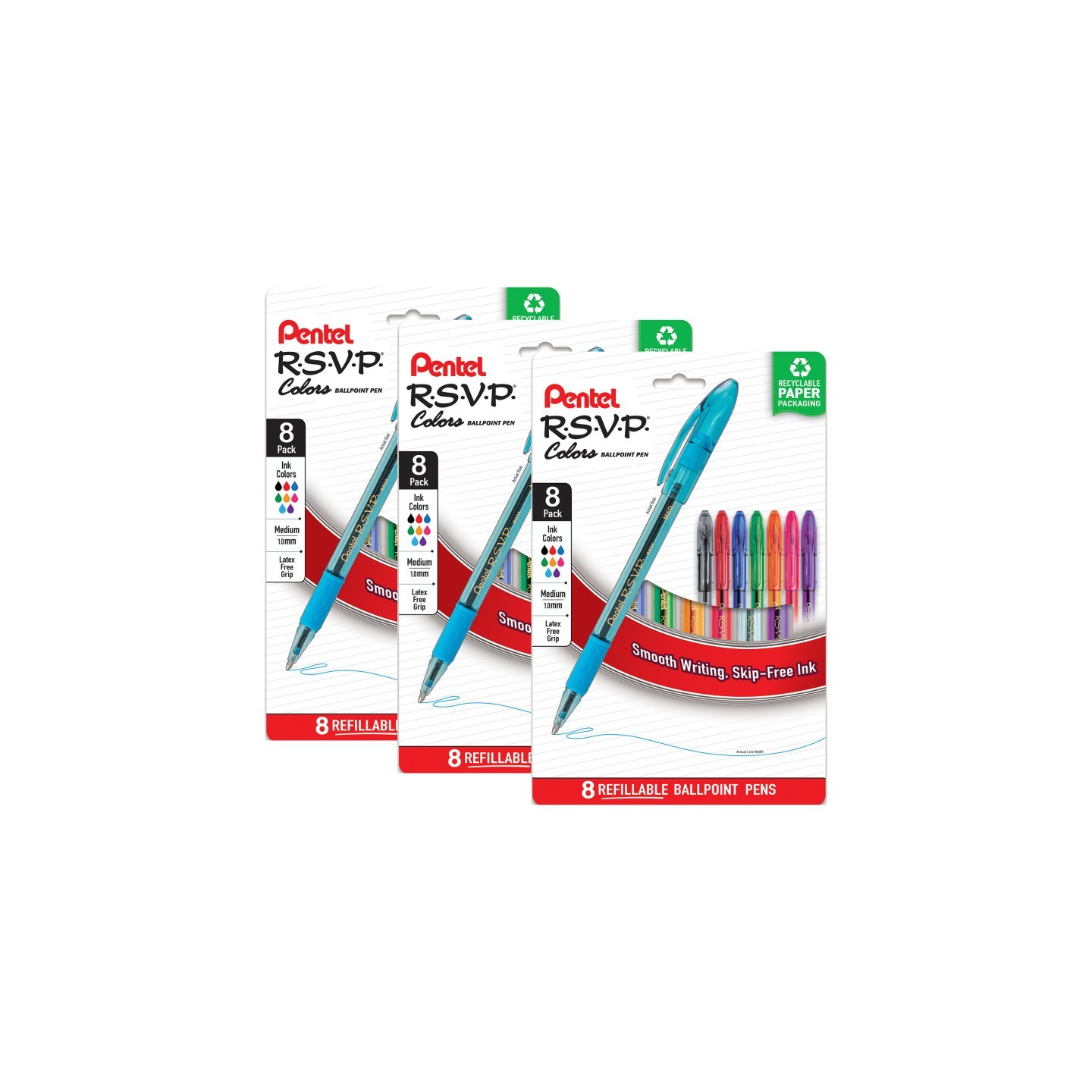 Pentel® R.S.V.P. Colors Ballpoint Pen, (1.0mm), Assorted Ink, 8 Per Pack, 3 Packs