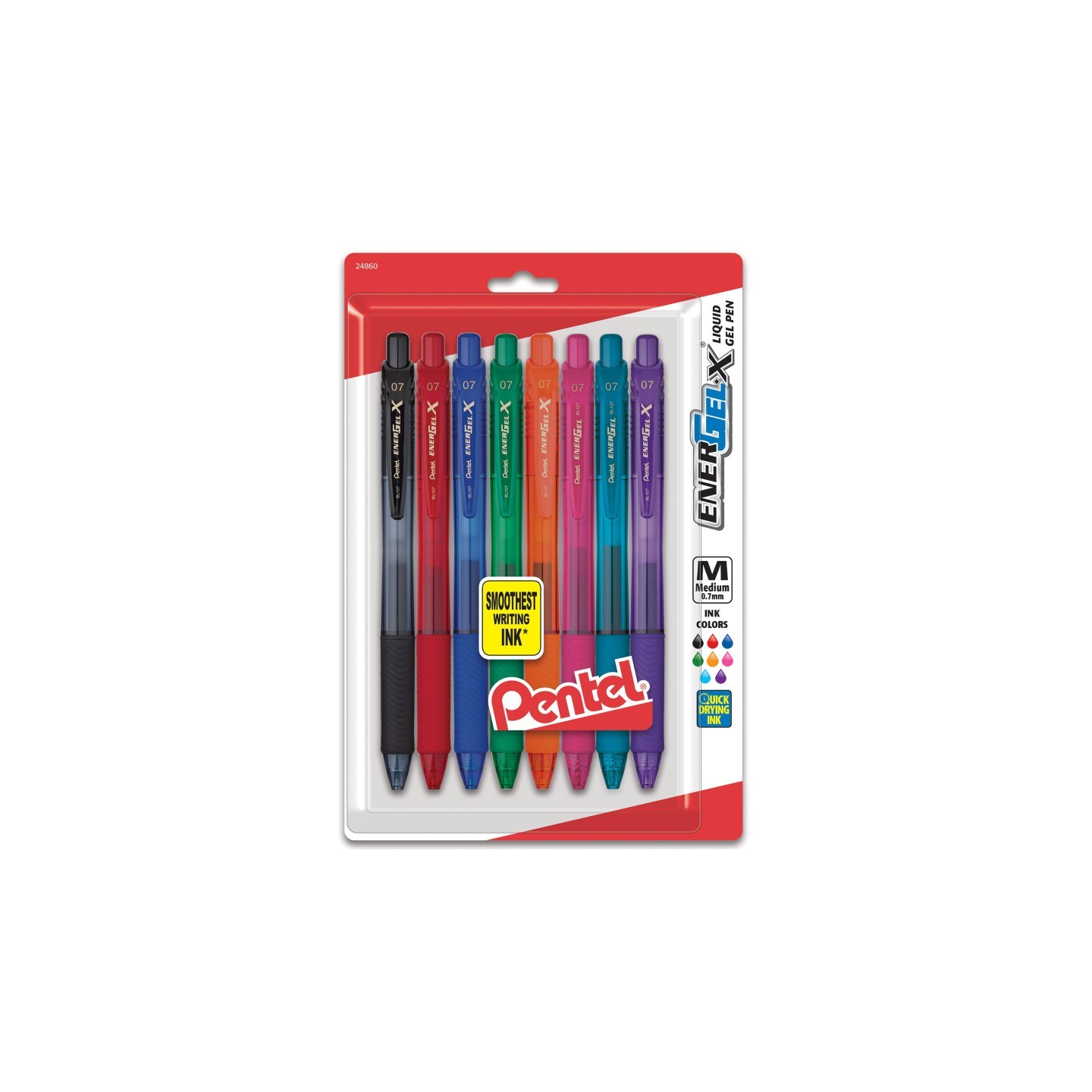 Pentel® EnerGel-X Retractable Liquid Gel Pen, (0.7mm) Metal Tip, Medium Line, Assorted Ink, 8-Pack