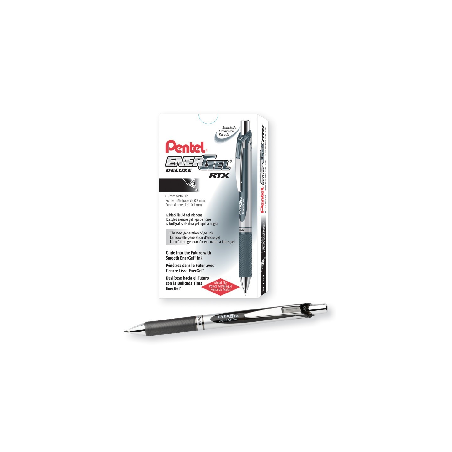 Pentel® EnerGel RTX Retractable Liquid Gel Pen, (0.7mm) Metal Tip, Medium Line, Black Ink, 1 Dozen