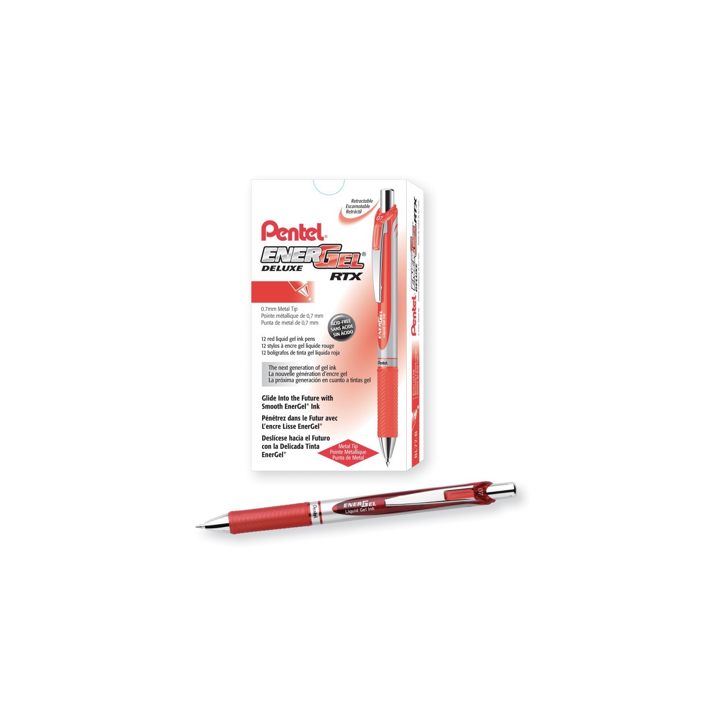 Pentel® EnerGel RTX Retractable Liquid Gel Pen, (0.7mm) Metal Tip, Medium Line, Red Ink, 1 Dozen