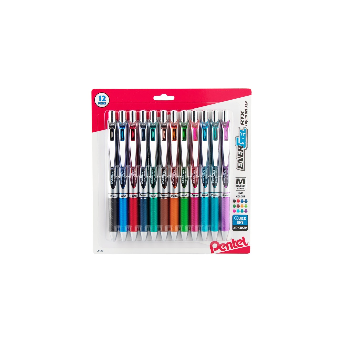 Pentel® EnerGel RTX Retractable Liquid Gel Pen, (0.7mm) Medium Line, Assorted Ink, 12-Pack
