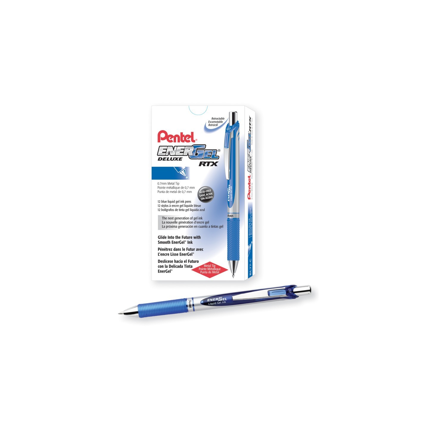Pentel® EnerGel RTX Retractable Liquid Gel Pen, (0.7mm) Metal Tip, Medium Line, Blue Ink, 1 Dozen