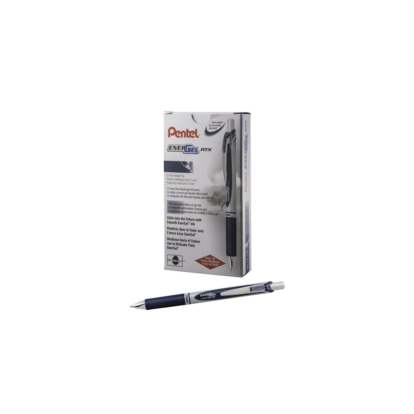 Pentel® EnerGel RTX Retractable Liquid Gel Pen, (0.7mm) Metal Tip, Medium Line, Navy Blue Ink, 1 Dozen