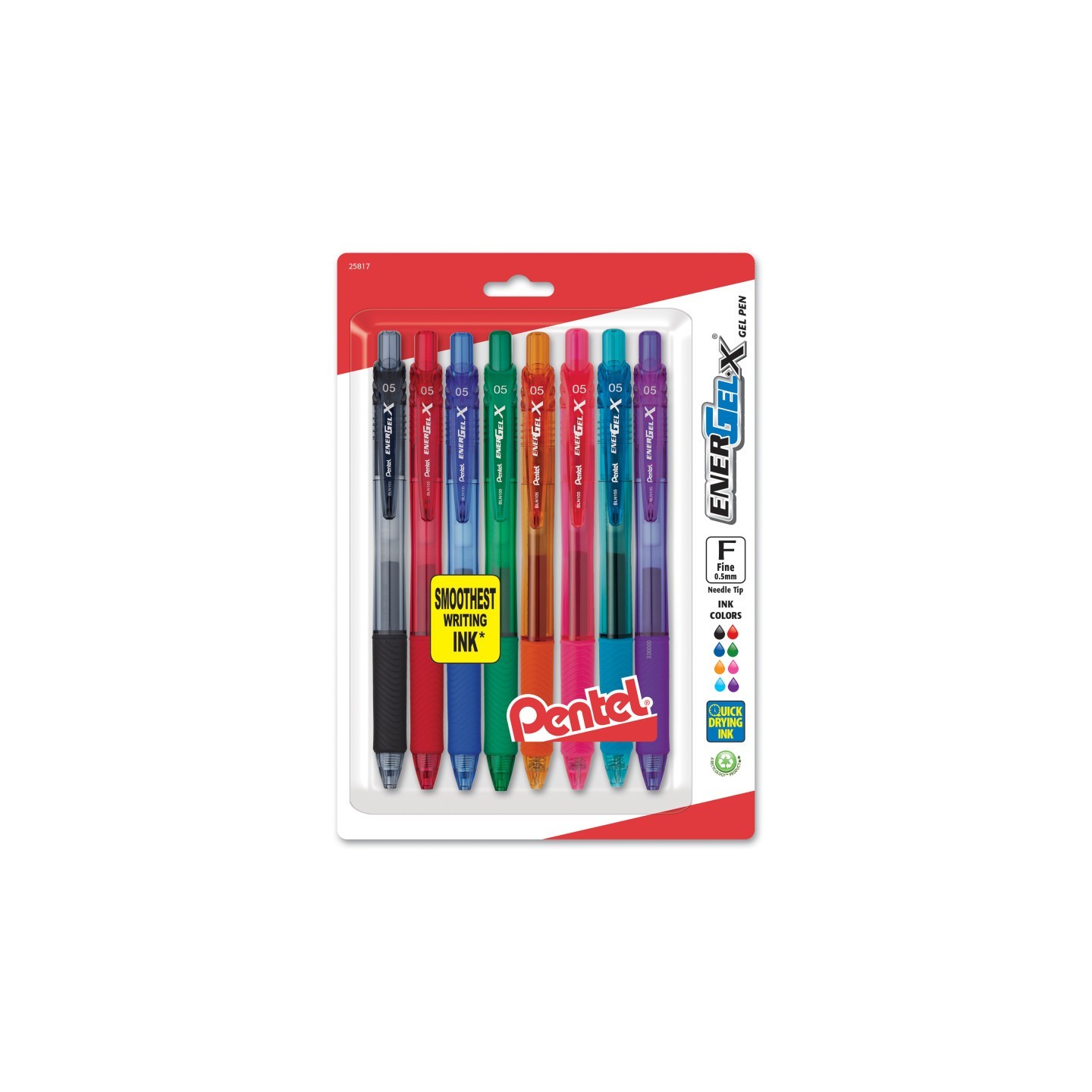 Pentel® EnerGel-X Retractable Liquid Gel Pen, (0.5mm) Needle Tip, Fine Line, Assorted Ink, 8-Pack