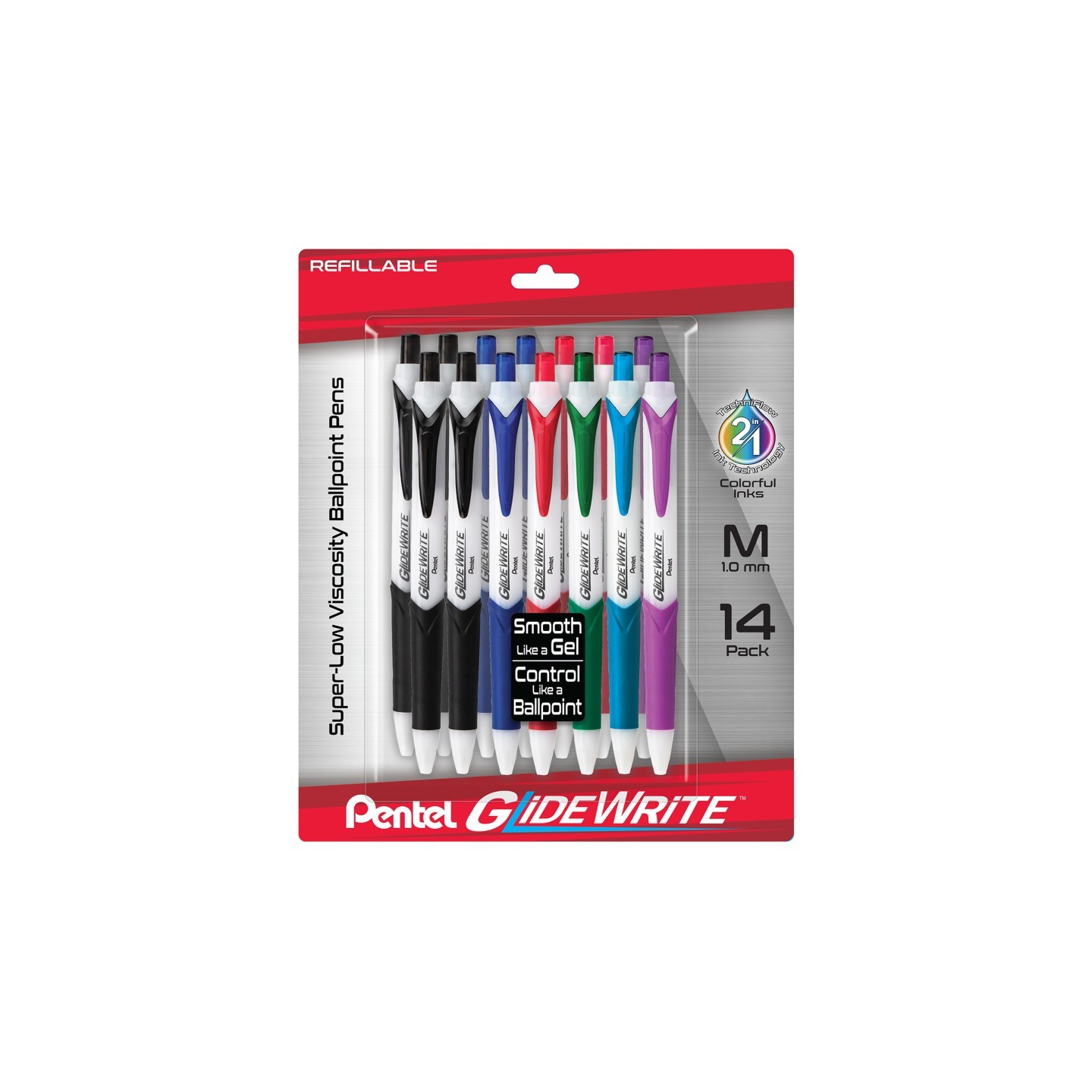 Pentel® GlideWrite Ballpoint Pen with TechniFlo Ink, (1.0mm) Medium Line, Assorted Ink, 14-Pack