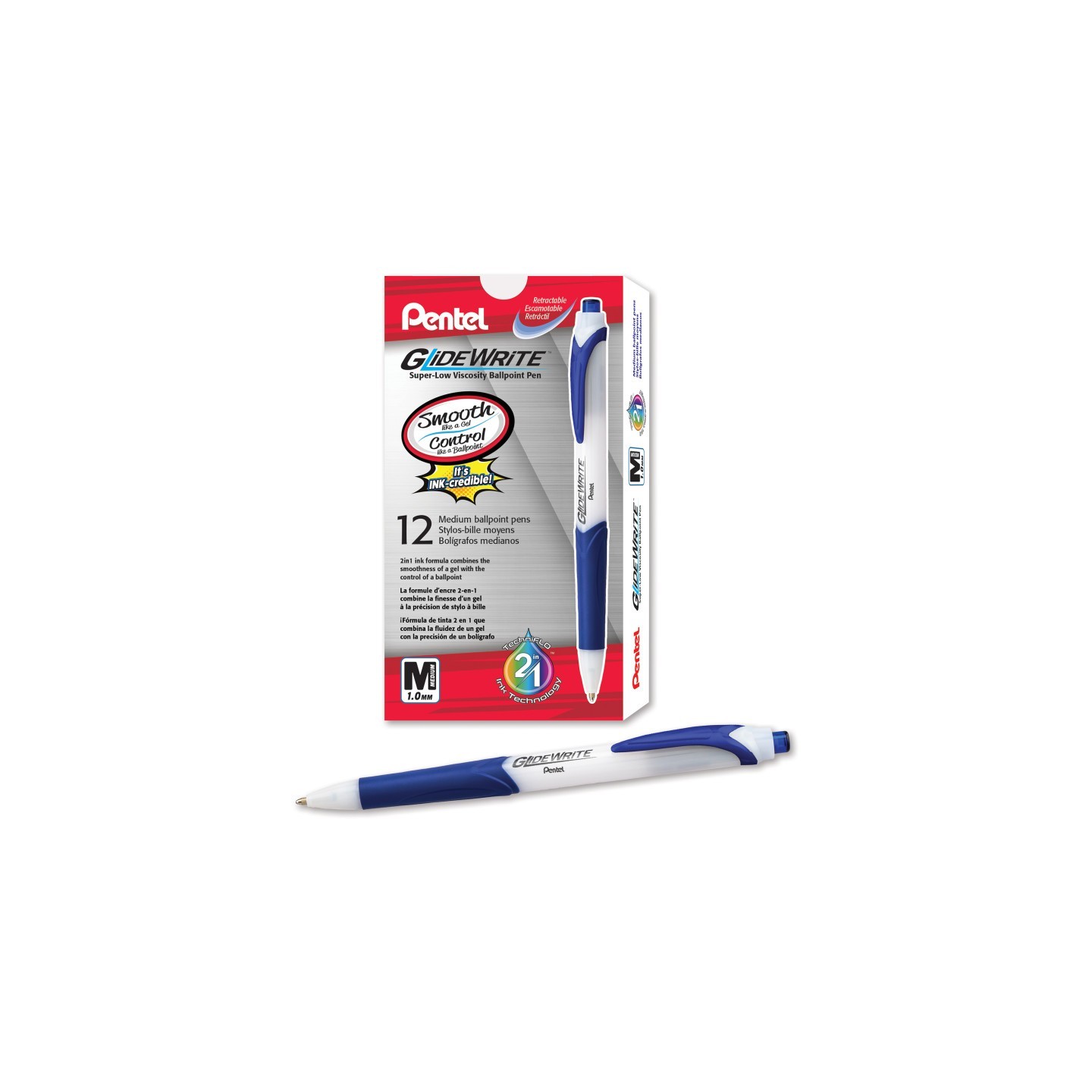 Pentel® GlideWrite Ballpoint Pen with TechniFlo Ink, (1.0mm) Medium Line, Blue, 1 Dozen