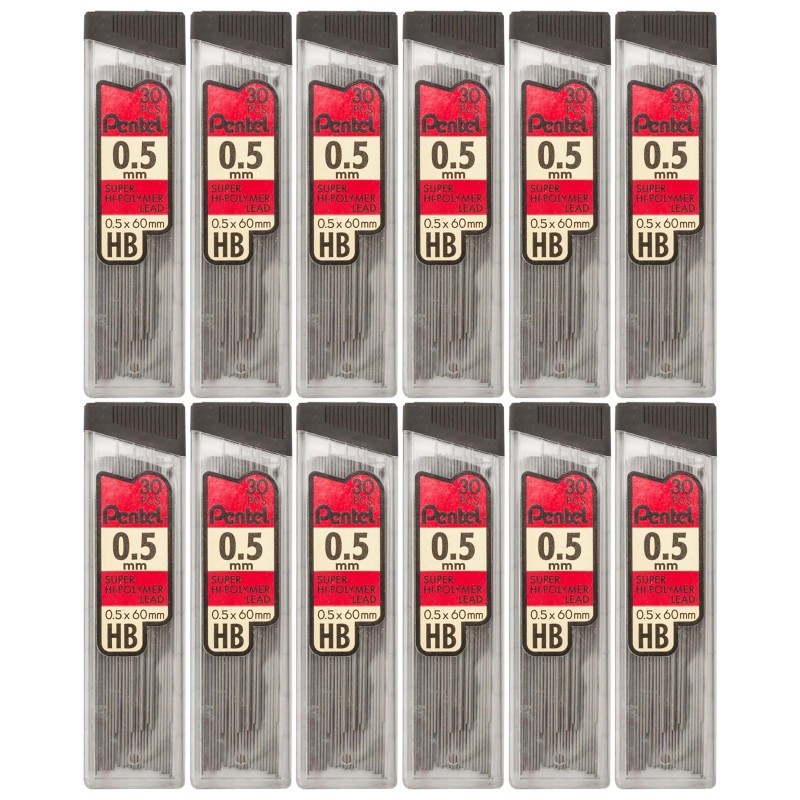 Pentel® HB Super Hi-Polymer Leads, 0.5mm, Black, 30 Per Pack, 12 Packs