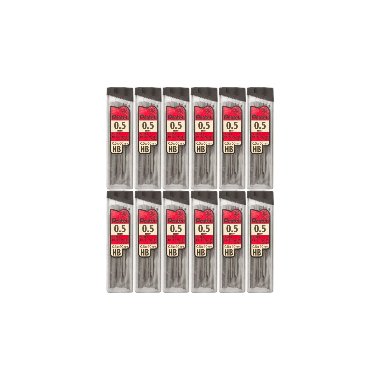 Pentel® HB Super Hi-Polymer Leads, 0.5mm, Black, 30 Per Pack, 12 Packs