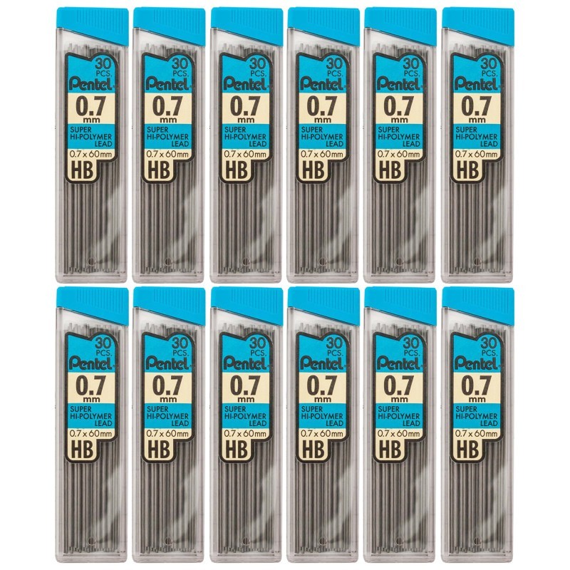 Pentel® HB Super Hi-Polymer Leads, 0.7mm, Black, 30 Leads Per Pack, 12 Packs