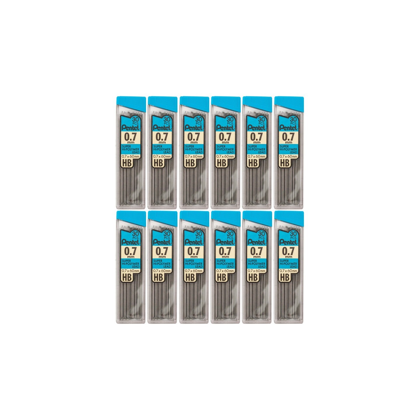 Pentel® HB Super Hi-Polymer Leads, 0.7mm, Black, 30 Leads Per Pack, 12 Packs