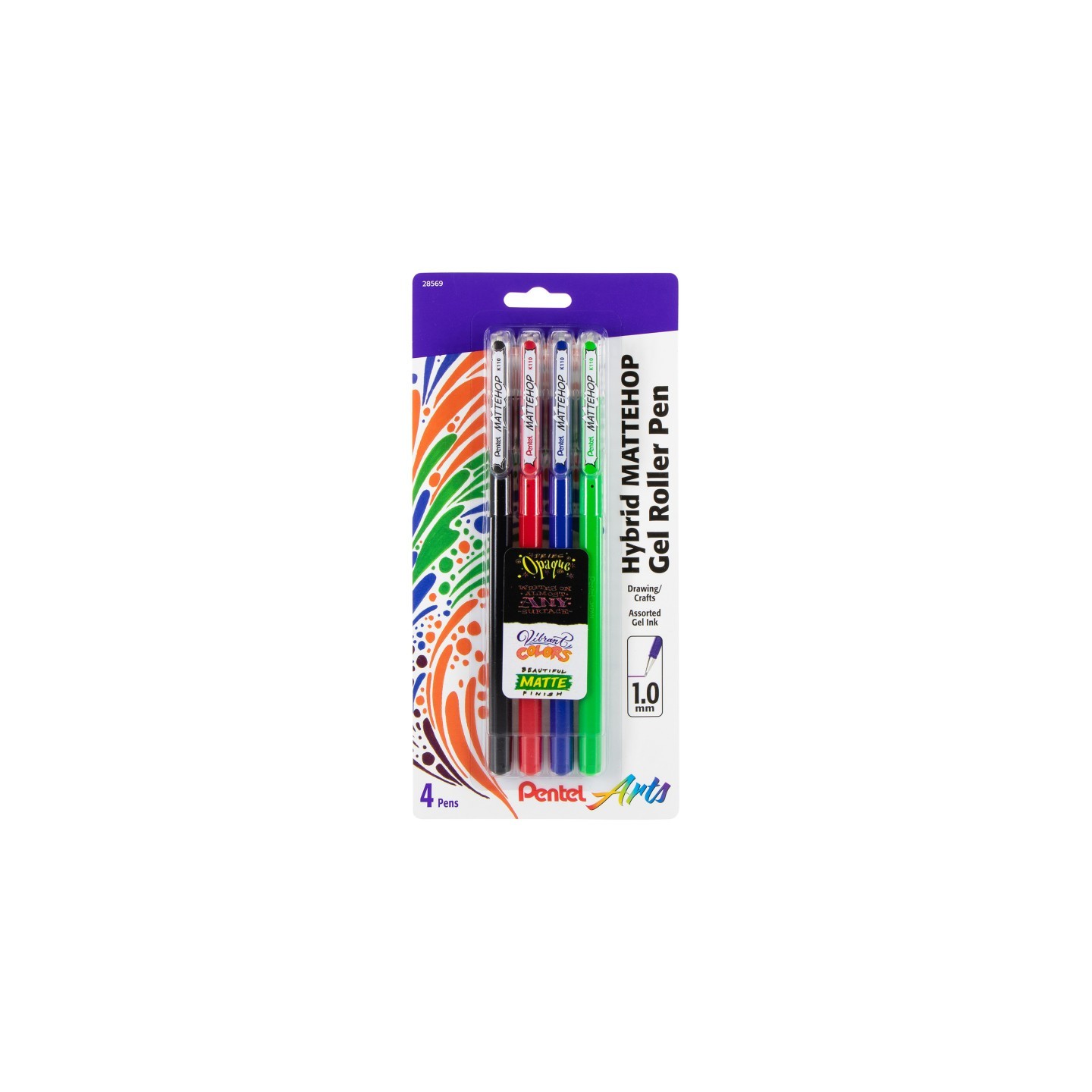 Pentel Arts Hybrid MATTEHOP Gel Roller, 1.0mm, Matte A/B/C/D Ink, Pack of 4