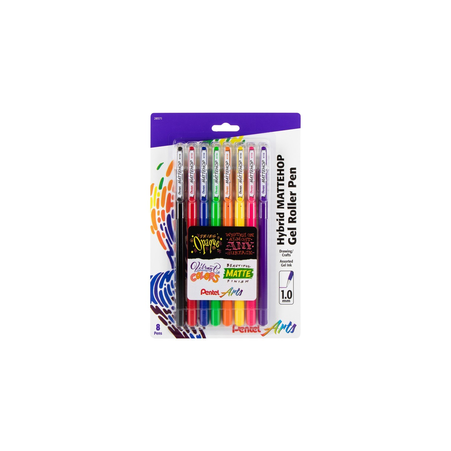 Pentel Arts Hybrid MATTEHOP Gel Roller, 1.0mm, Matte A/B/C/D/F/G/P/V Ink, Pack of 8