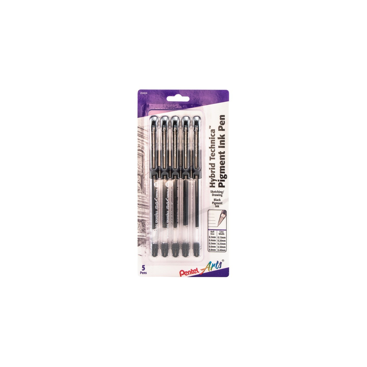 Pentel Arts Hybrid Technica Gel Pen, Assorted Tip Sizes (0.05, 0.1, 0.3, 0.5, 0.8), Black Ink 5-Pk