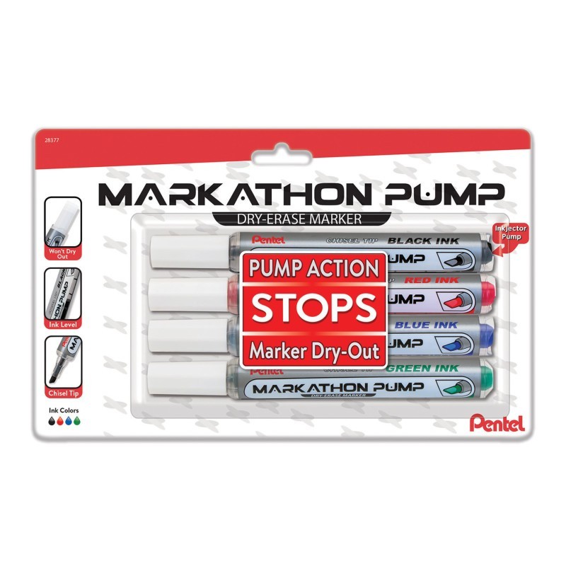 Pentel® Markathon Pump Dry Erase Marker, Chisel Tip, Assorted Colors, 4-Pack