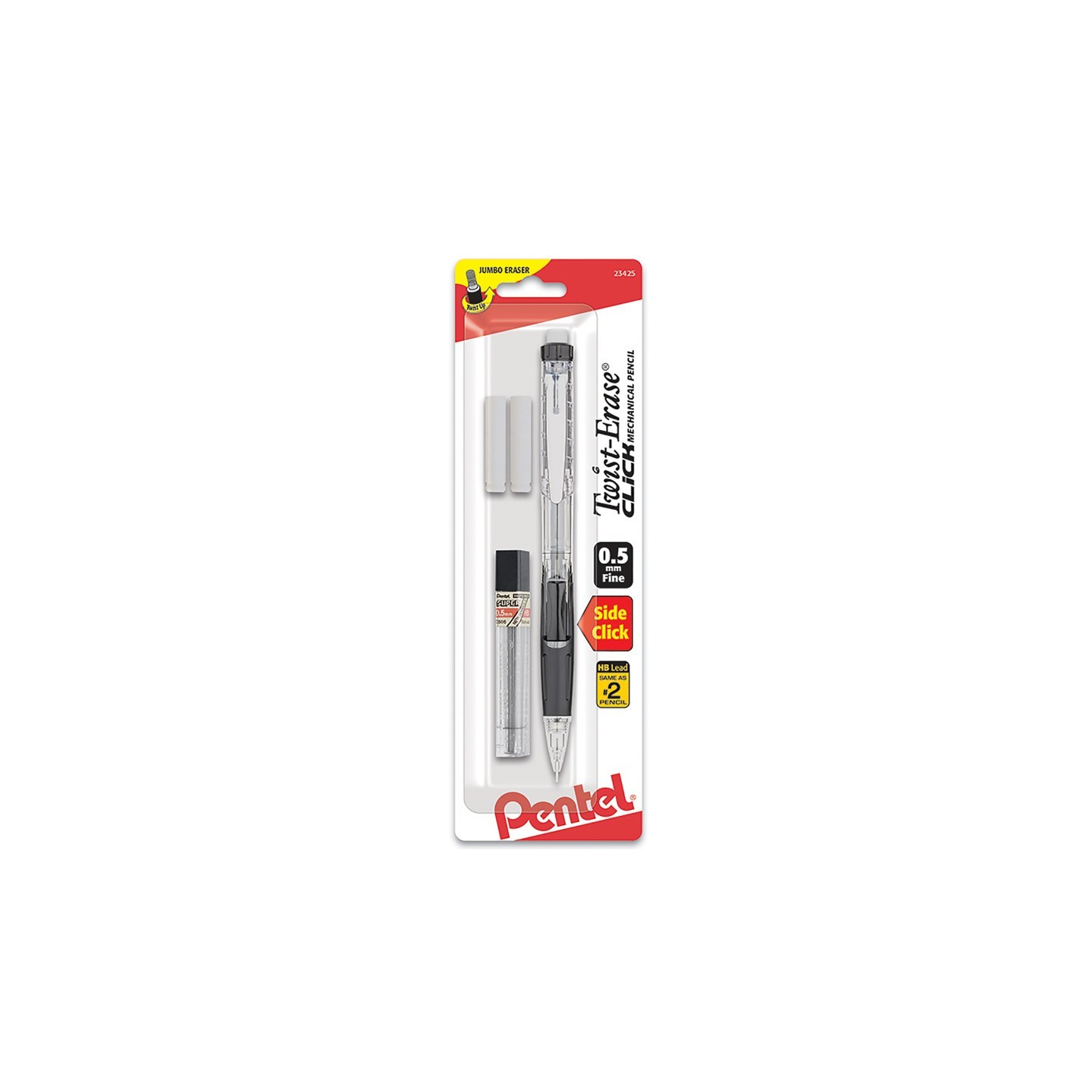 Pentel® Twist-Erase Click Mechanical Pencil (0.5mm) Clear Barrel, 1-Pack with Lead & 2 Erasers