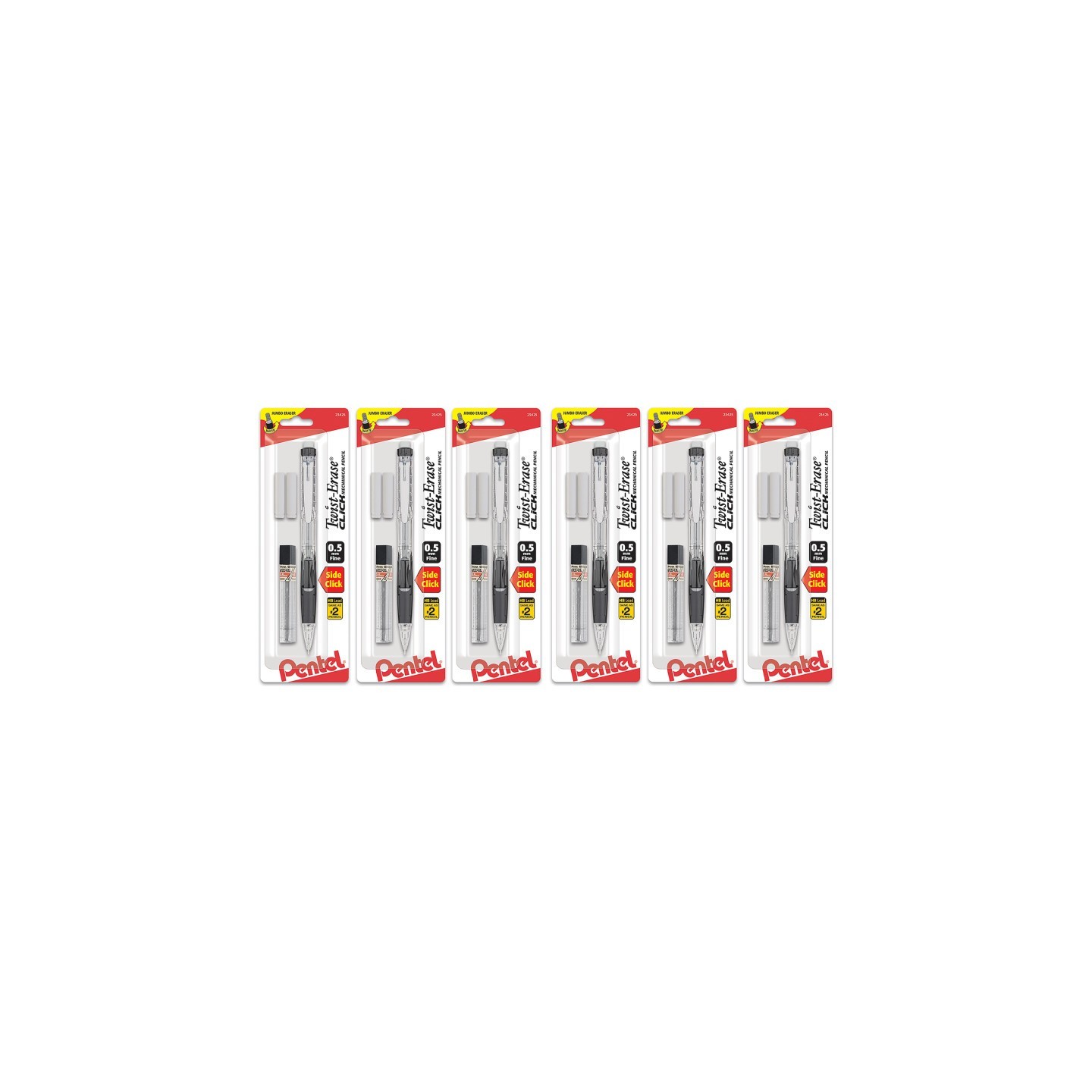 Pentel® Twist-Erase Click Mechanical Pencil (0.5mm) Clear Barrel, 1-Pack with Lead & 2 Erasers, Pack of 6
