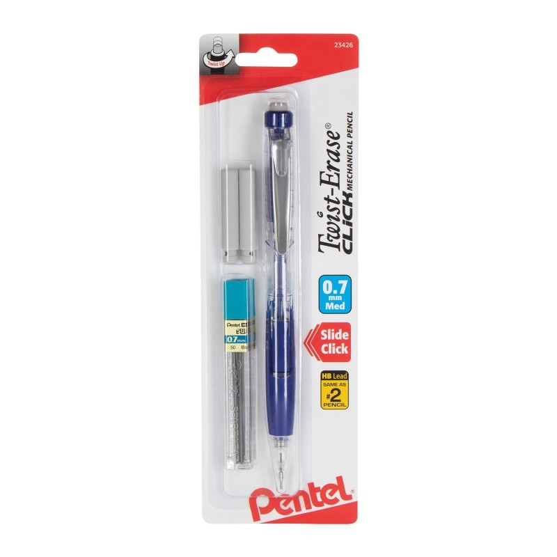 Pentel® Twist-Erase Click Mechanical Pencil (0.7mm) Clear Barrel, 1-Pack with Lead & 2 Erasers